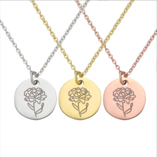 18k Gold Engraved Custom Floral Pendant Necklaces Dainty Birth Month Flower Disc Charm Hand Stamped Flower Disk Necklace
