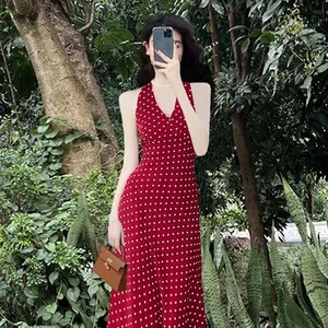 Dot Print Halter Deep V Backless Women'S Dresses Casual Clothes Vacatiion 2026 Wholesale Fashion Summer Outfit