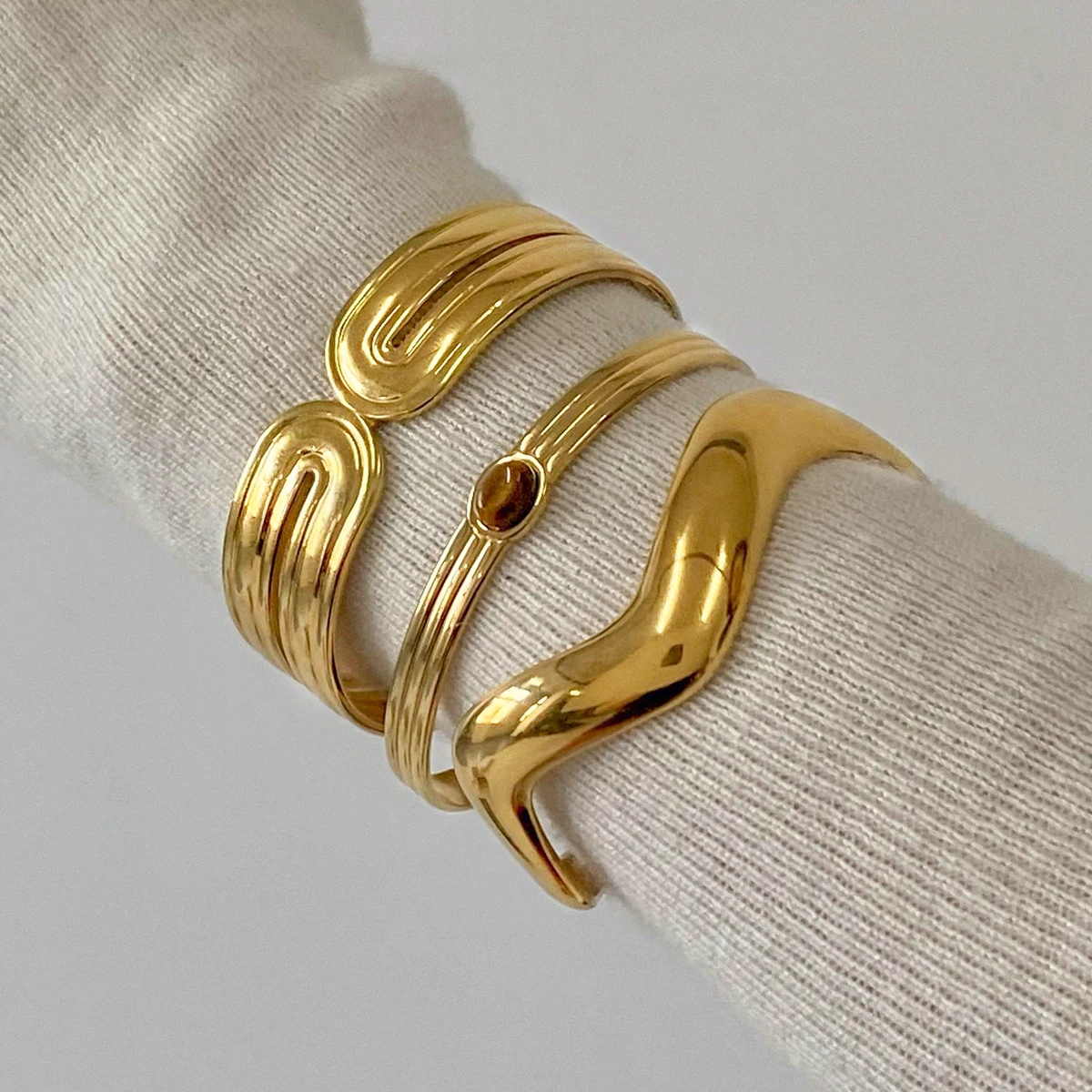 3 Bracelets Large Femme En Or Plaqué – Bracelet Manchette Jonc, Style Minimaliste, Pour Stacking Ou Quotidien