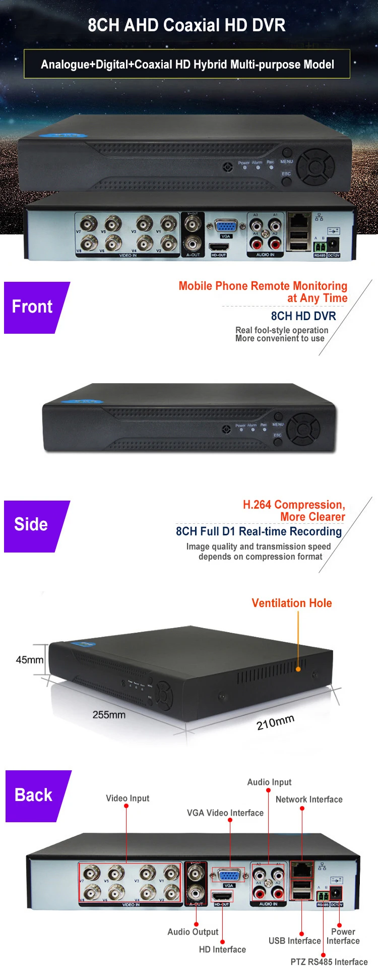 1080N 8CH HD 5in1 AHD TVI CVI CVBS IPC Output Analogue Embedded DVR Monitoring Host XVR Digital Video Recorder
