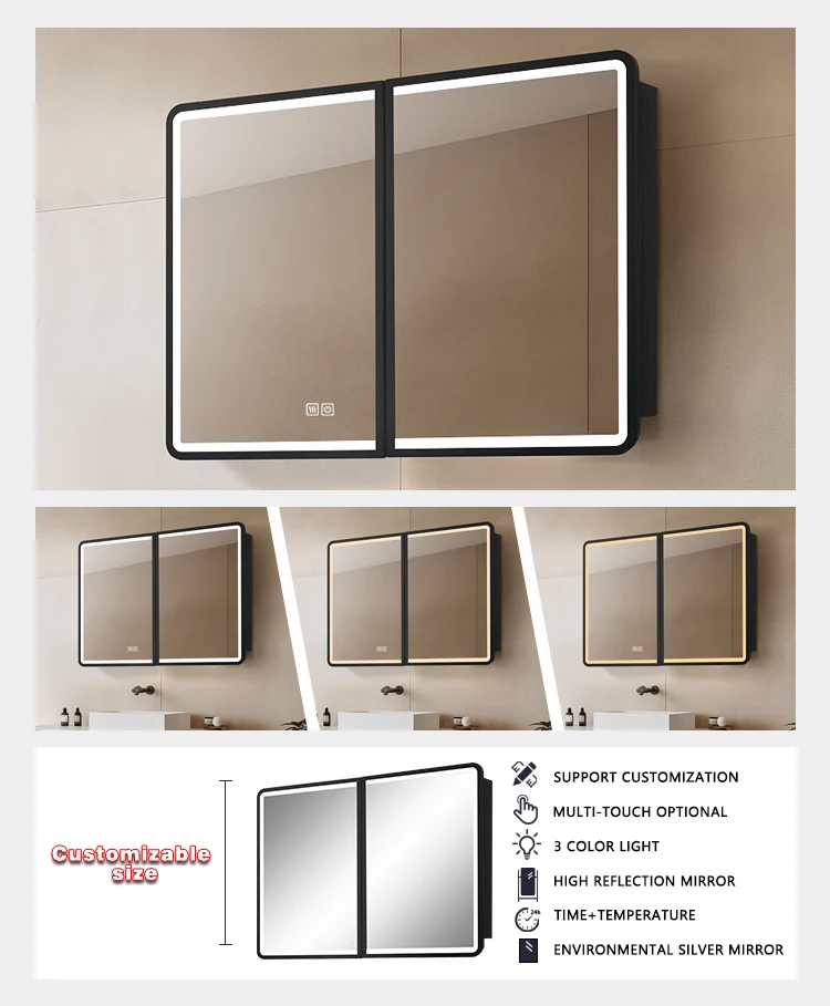 product black double door surface mount rectangle led medicine cabinet aluminum framed bathroom cabinet with mirror-4