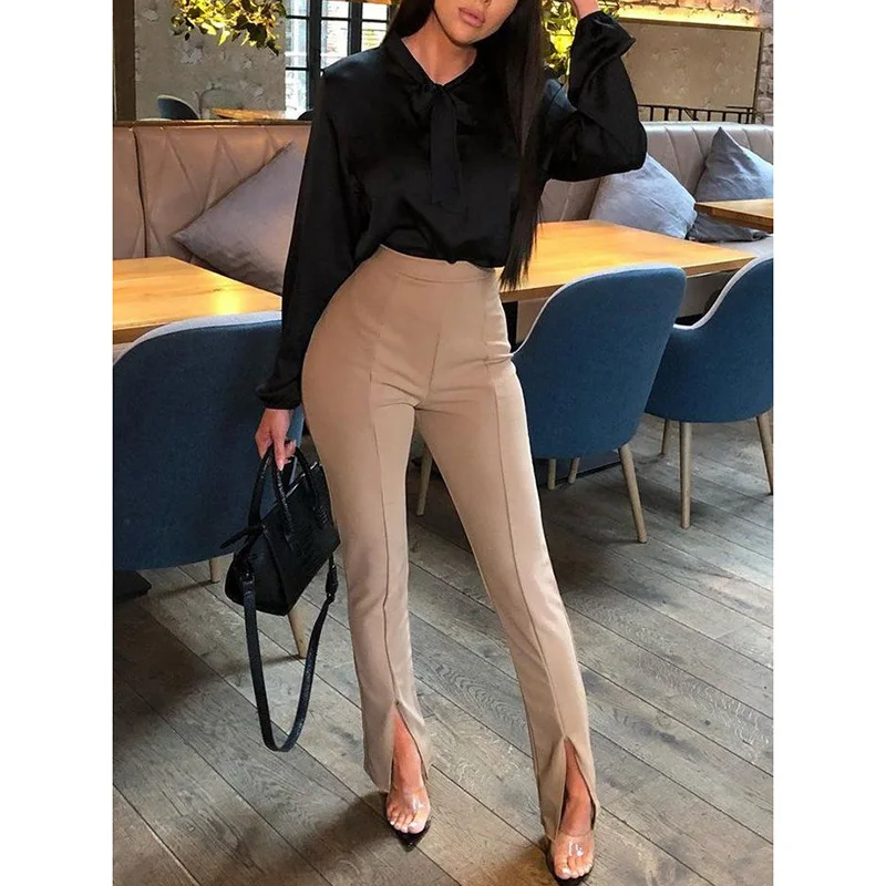 Women Autumn Cotton Casual Tight Fit Leg Opening Split High Waist Trousers Casual Office Lady Strech Women Palazzo Pants 10%