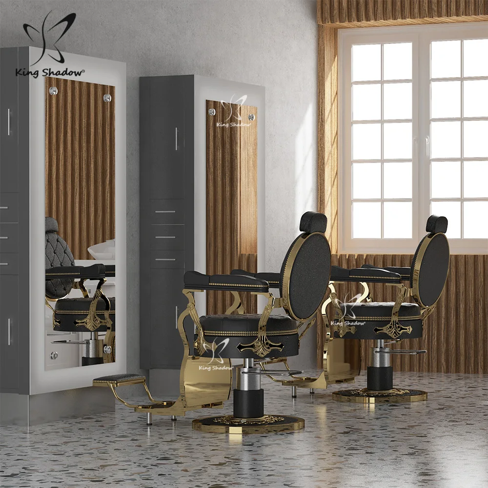 King shadow double sided barber mirror station hair salon styling station with led light and drawers