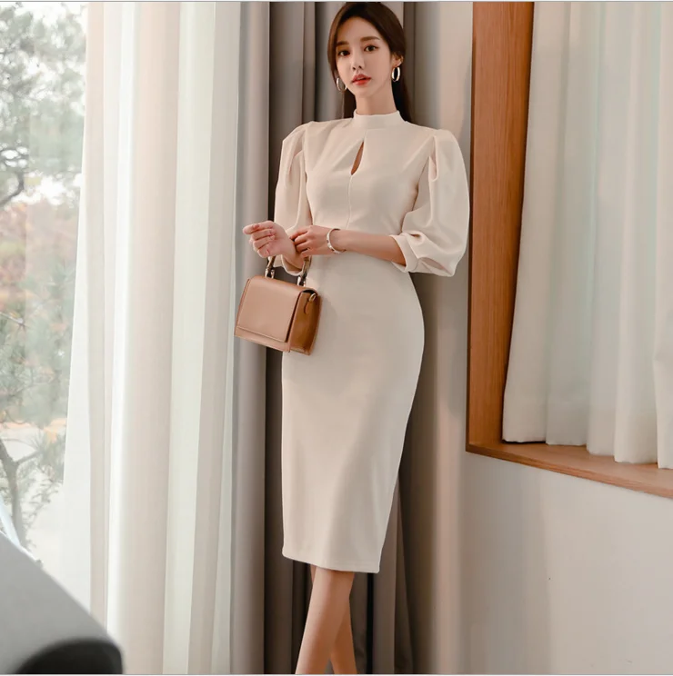 2021 Spring Korean New OL Slim Dress Elegant Stand Collar Solid Color Mid-length Skirt Fashion Retro Bubble Sleeve Velvet Dress