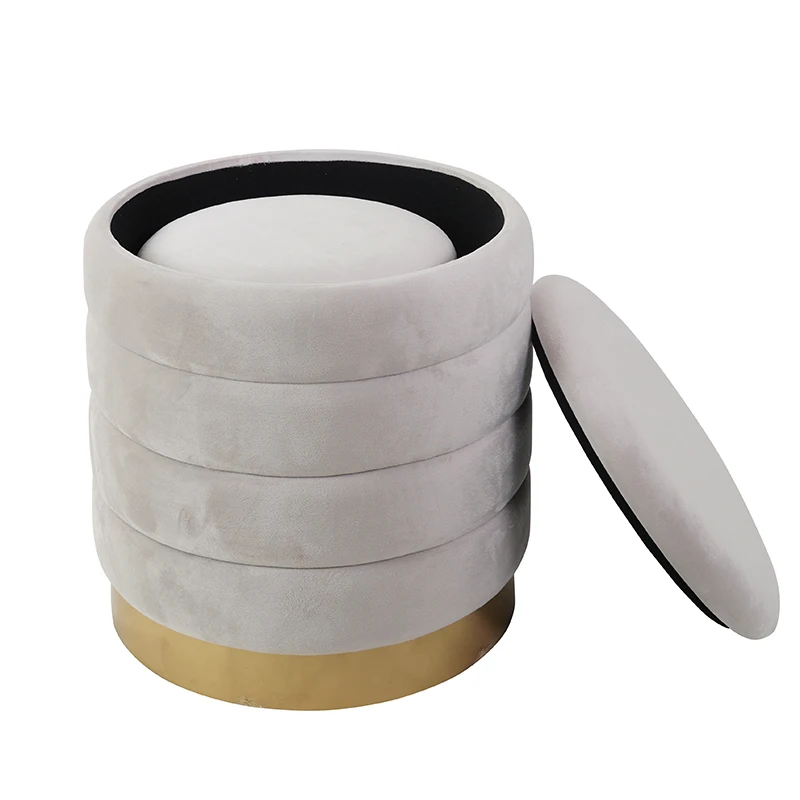 2025 Round Ottoman with Storage Set of 2 Cream-coloured Velvet Storage OttomandStool for Living Room Vanity Stool