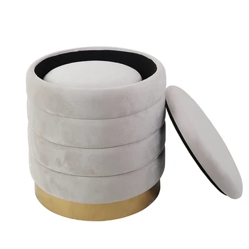 2025 Round Ottoman with Storage Set of 2 Cream-coloured Velvet Storage OttomandStool for Living Room Vanity Stool