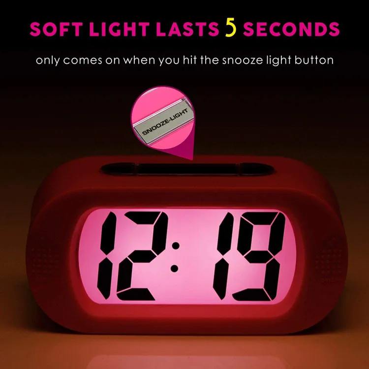 Easy Setting Silicone Protective Cover Digital Silent LCD Large Screen Desk Bedside Alarm Clock with Snooze Light Function