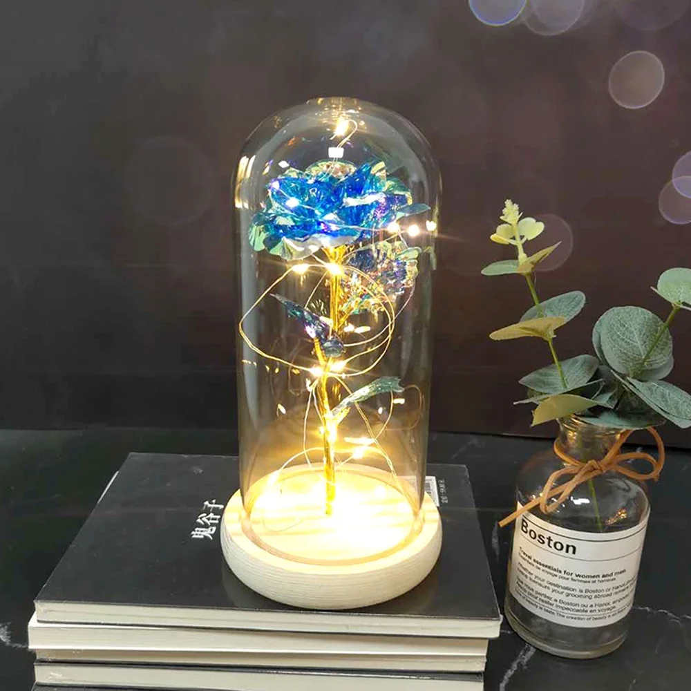 Shining 24k Golden Colorful Rose LED Light String on the Colorful Gold Foil Flowers Rose in Glass Dome