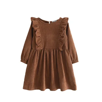 2024 baby dresses spring and autumn new stylish round neck fungus long-sleeved solid color corduroy baby princess dress