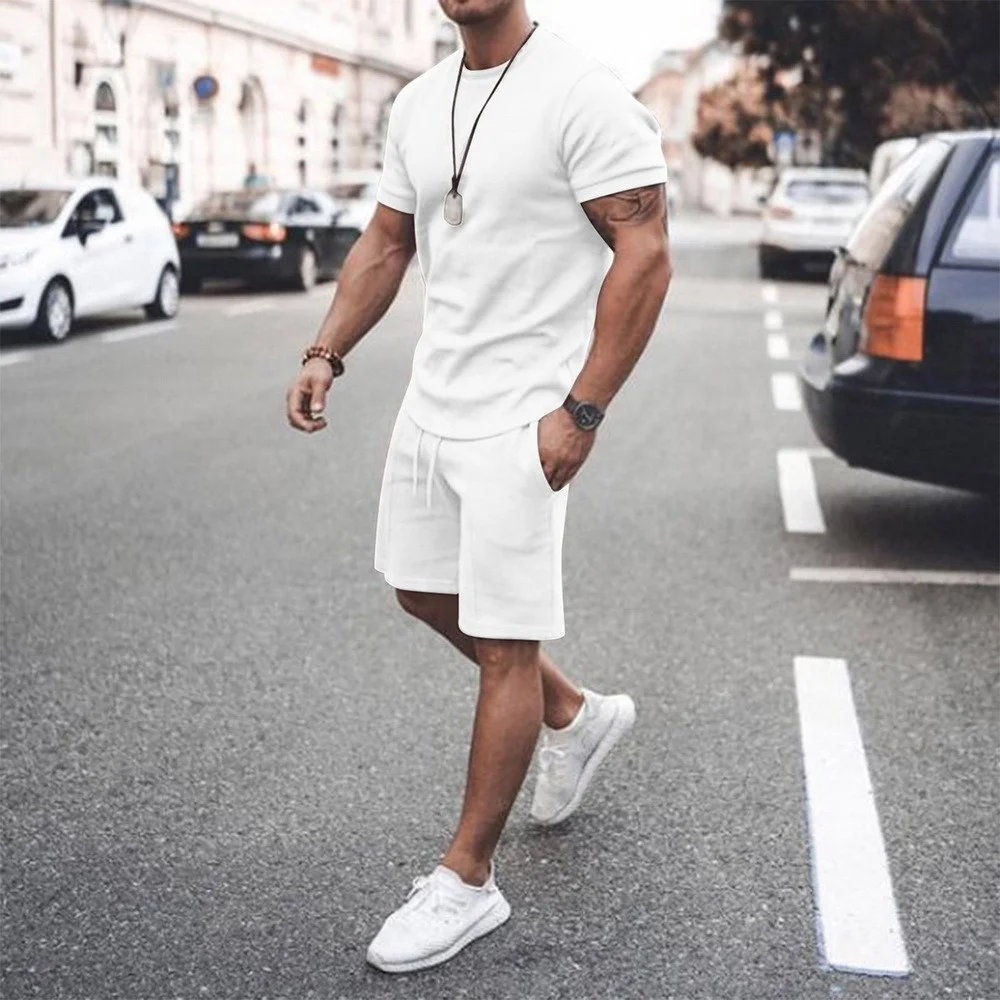 Été nouveaux hommes Shorts ensembles à manches courtes t-shirt + Shorts solide mâle survêtement ensemble vêtements pour hommes 2 pièces ensembles Male818_voghion.com