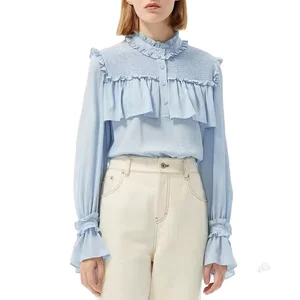 Custom High Quality Spring Autumn Causal  Soft Double Sided Long Sleeve Ruffle Cuff and Neck Shirts Blouse Women Casual Tops