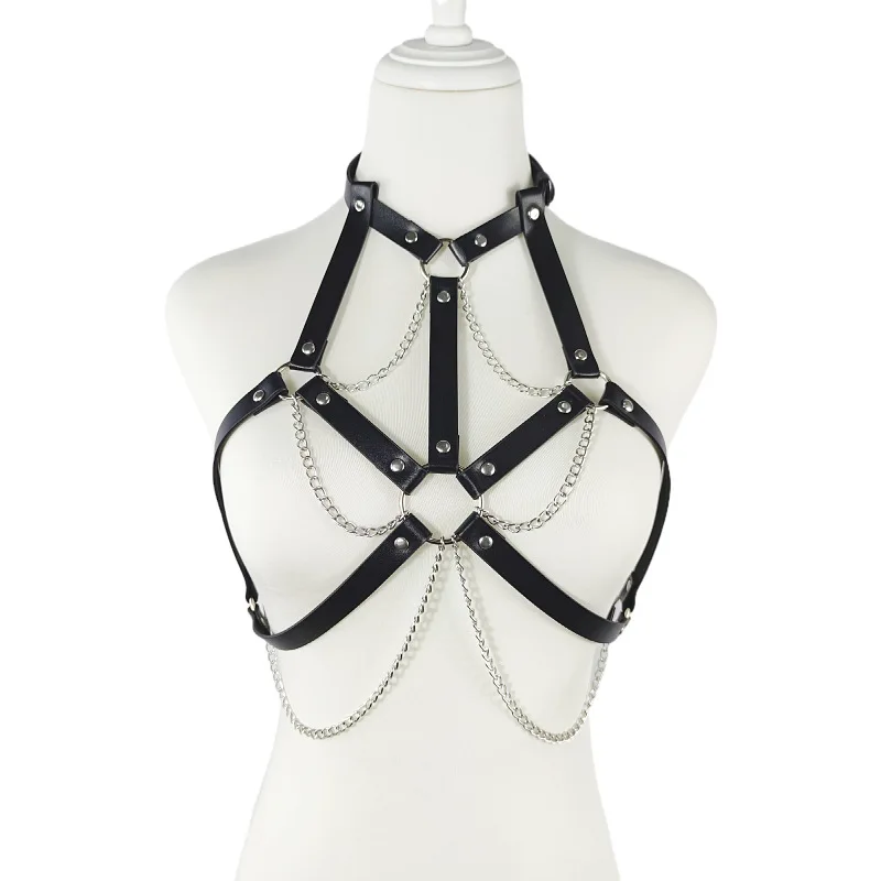 Großhandel Goth Bdsm Frauen Leder mehrschichtige Quaste Harness Körperkette dicke Kette BH Brust Halskette Sexy Dessous_voghion.com