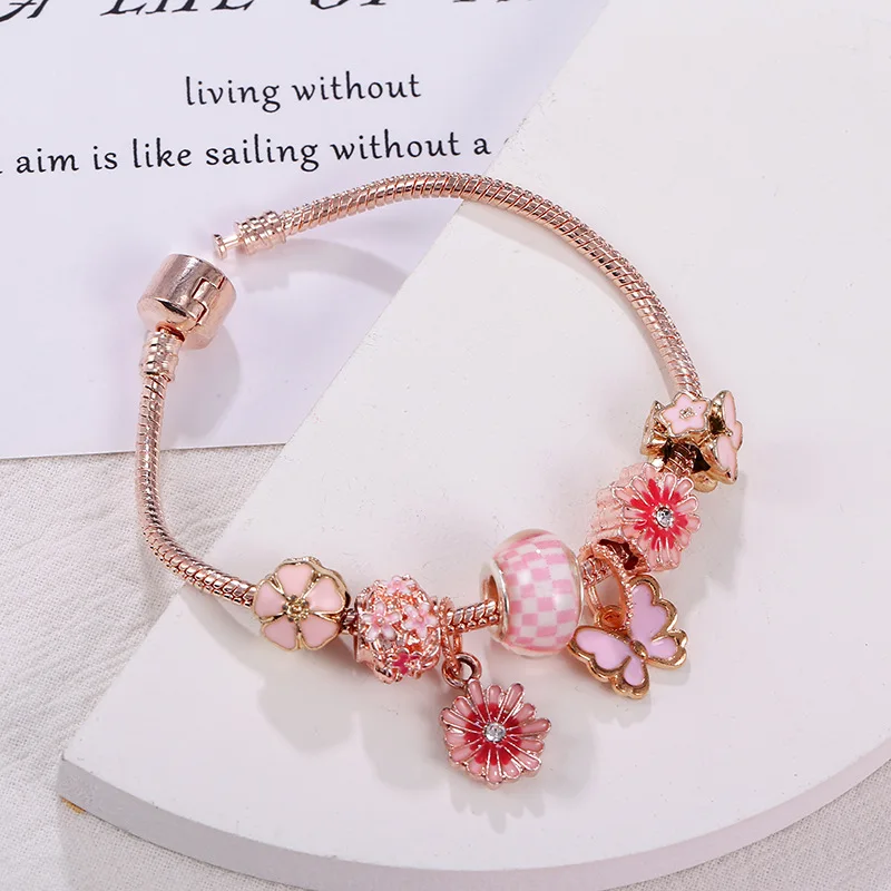 Sweet Pink Daisy Flower And Butterfly Charms Bracelet Women Copper Dainty Bracelet Bangles For Women