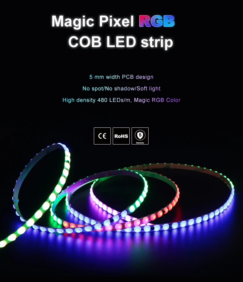 Magic Pixel RGB COB LED Stripc DC 24V 10 W High Density 480 LEDs/m ...