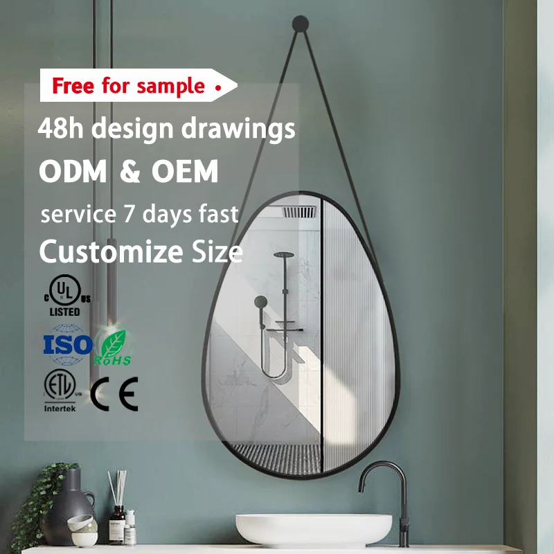 Stainless Steel Framed Mounted Smart Irregular Led Bathroom Mirror Defogger Display Leather Strap hang Rope Mirror for Apartment