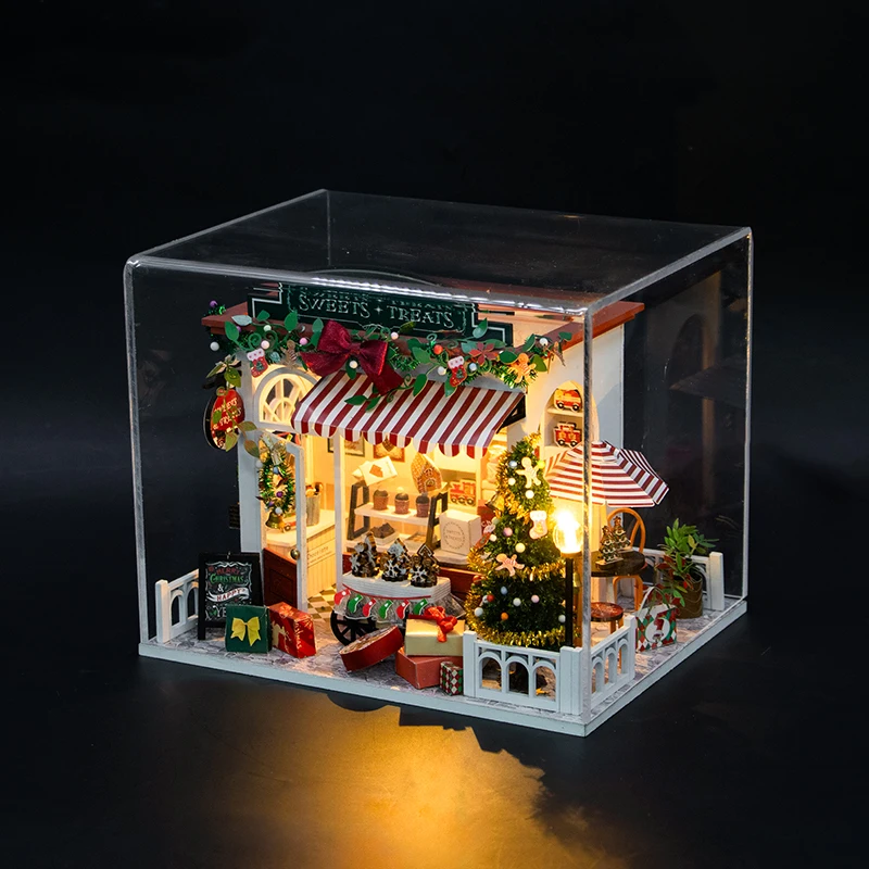 New Christmas Dollhouse Miniature Wooden Doll House Kit DIY Wooden Craft Construction Kit Kids Garden Mini Doll House Set