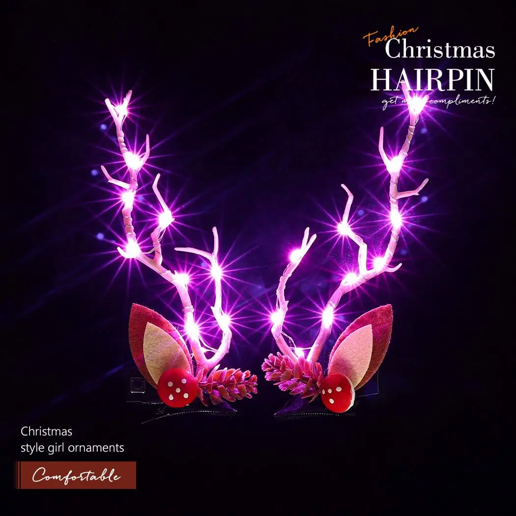 New Christmas Hair Led Clip Branches Hairpin Reindeer Antlers Xmas Hair