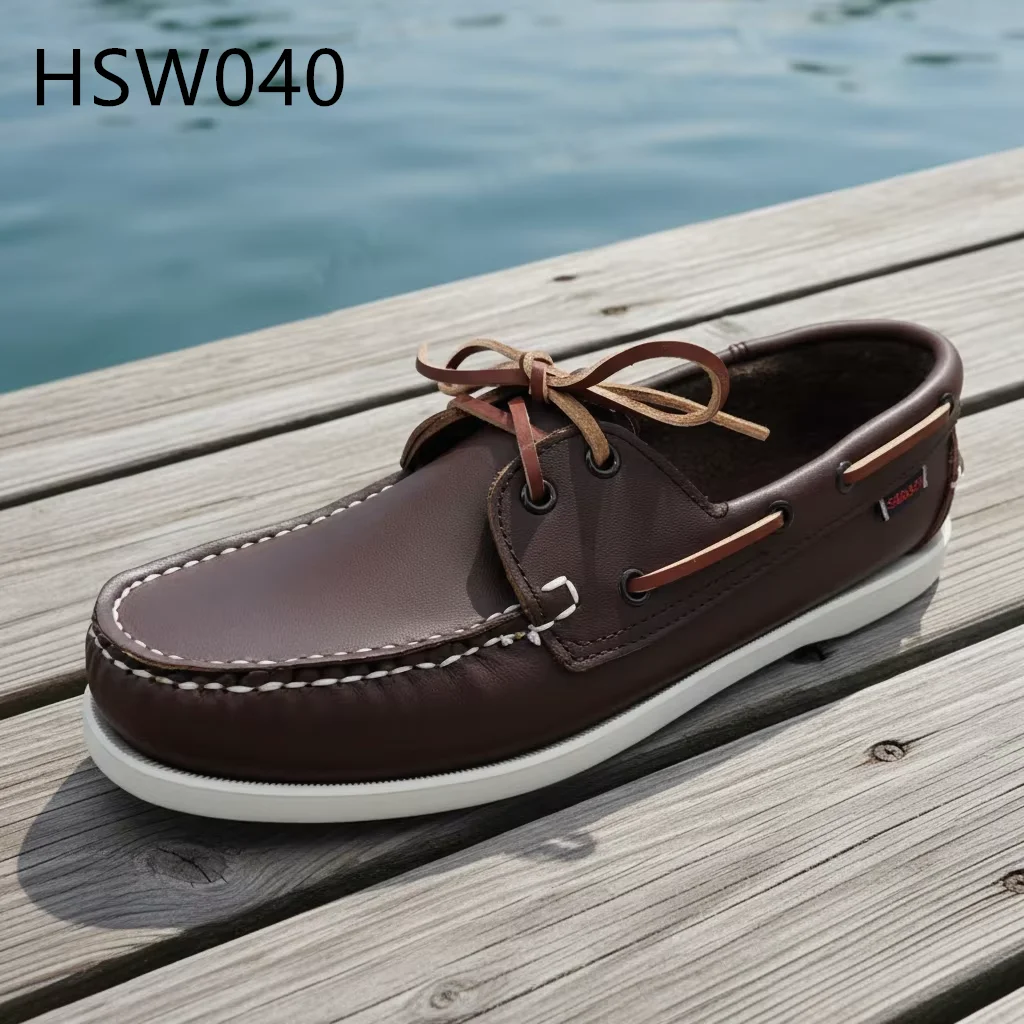 LXG, moccasin-skotil lake-side promenader i fuld naturlig ko-læder – flad sko. Tilgængelig i stor/lille størrelse. Håndlavet dækssko, model HSW040