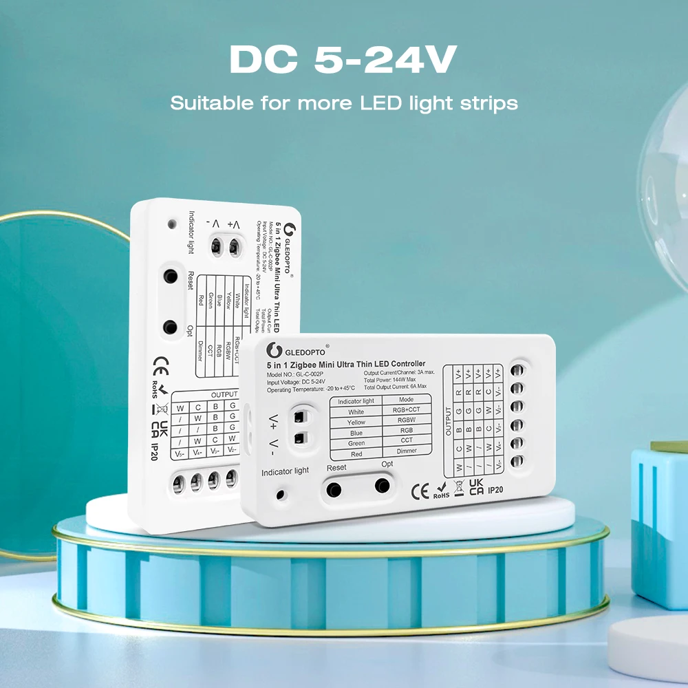 Gledopto with  RGB CCT RGBW WW CW Dimmer Mode Zigbee PRO 5 in 1 Mini Ultra Thin Smart LED Controller