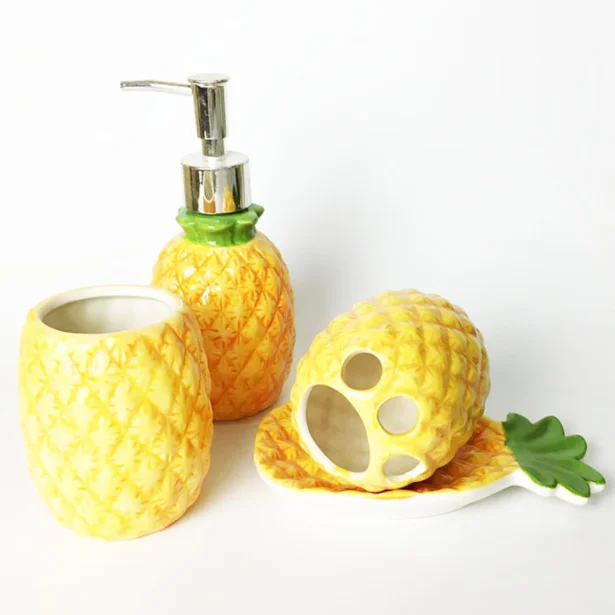 Yellow Pineapple Shape 4-Pack Eco-Friendly Ceramic Bathroom Accessory Set Includes Soap Dispenser Toothbrush Holder Tumbler Soap