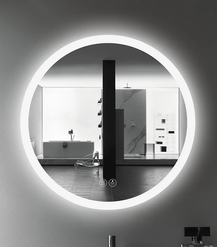 Kamali custom modern design hotel bathroom round circular touch dimmable illuminated anti fog backlit smart LED light mirror