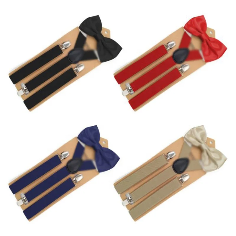 high quality custom mens solid color pu leather adjustable bow tie and suspenders set