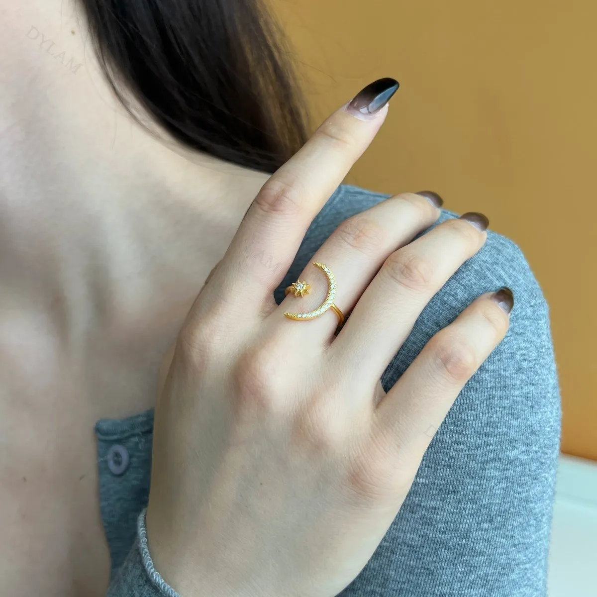 KAKODIY Fashion Design 925 Sterling Silver Jewelry Gold Plated Moon Star Ring Open Adjustable Thin Ring detail 6
