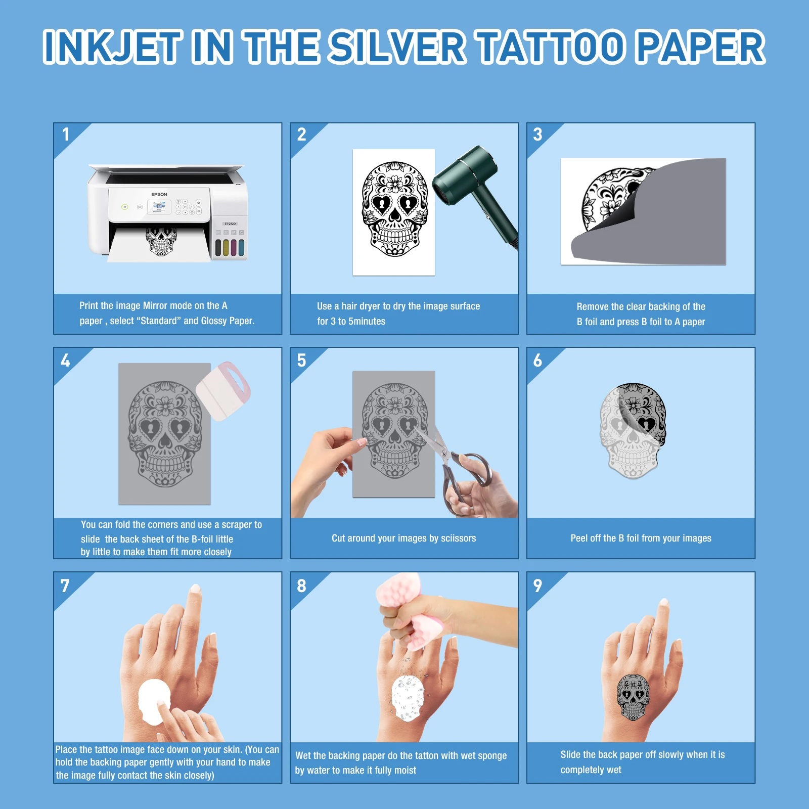 Silver Printable Tattoo Paper Temporary Waterslide Clear Inkjet Laser ...