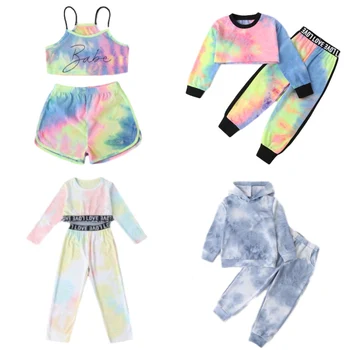 2021 winter toddler children clothes little kids baby dress boutique 3 Polyester Cotton Tie Dye Long Sleeve Girls Clothing Sets