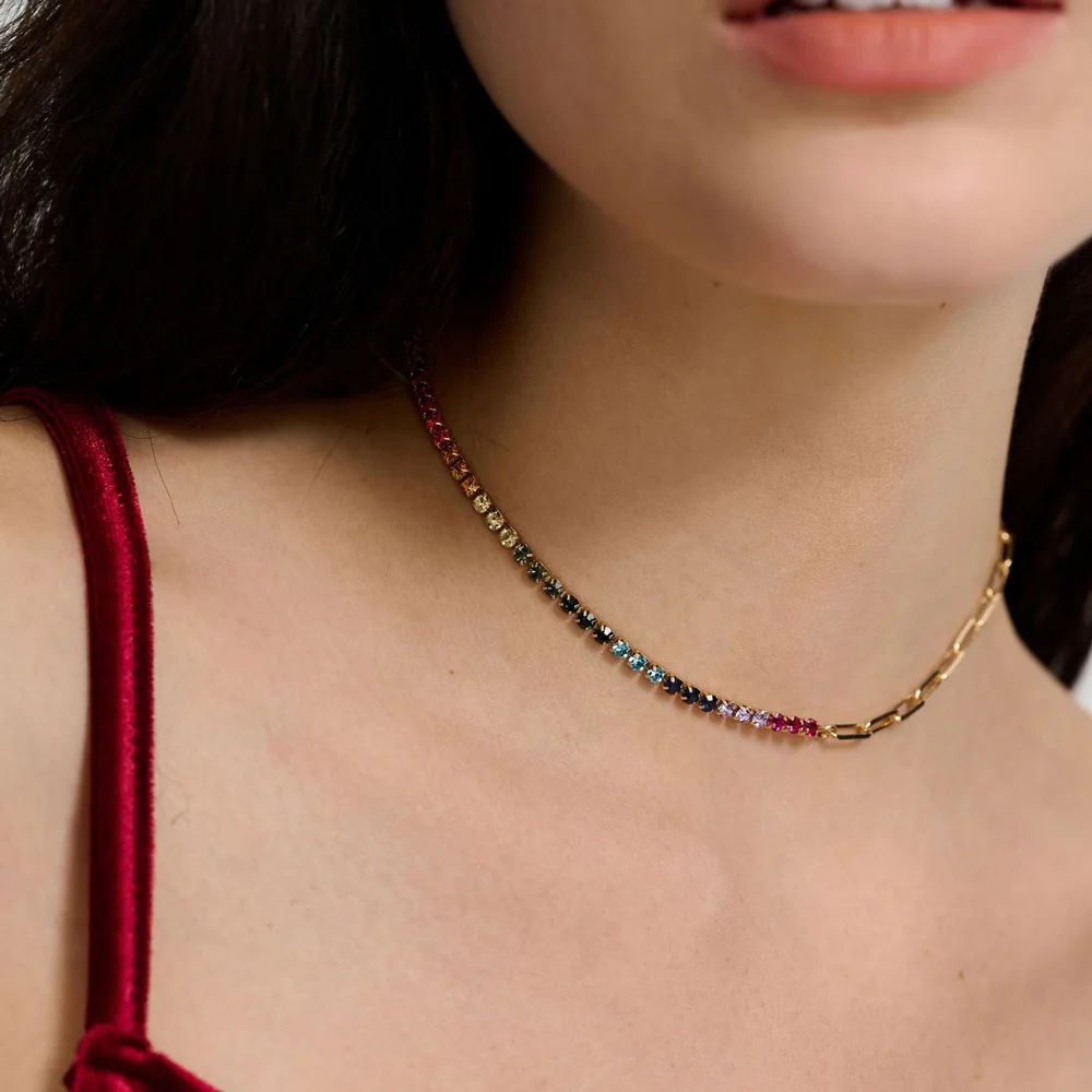 Cross-border Gold Plated Copper Zircon Micro-Inlaid Geometric Single-Row Clavicle Chain Necklace Trending Jewelry