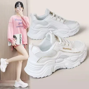 Customized Women's Casual Sports Shoes Breathable Mesh Design Thick Soled Height Increasing Anti-Slip Waterproof Lace-Up