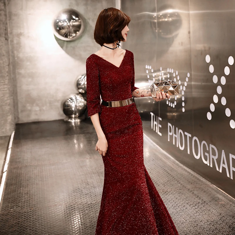 Robe de soirée rouge foncé, manches longues, robe de bal de forme sirène,  style musulman, Vintage, occasions spéciales