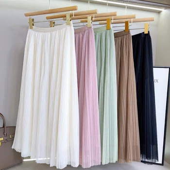 Spring And Summer New Temperament Commuting Versatile A-line Mid Length Half length Dress Solid Color Pleated Striped Skirt
