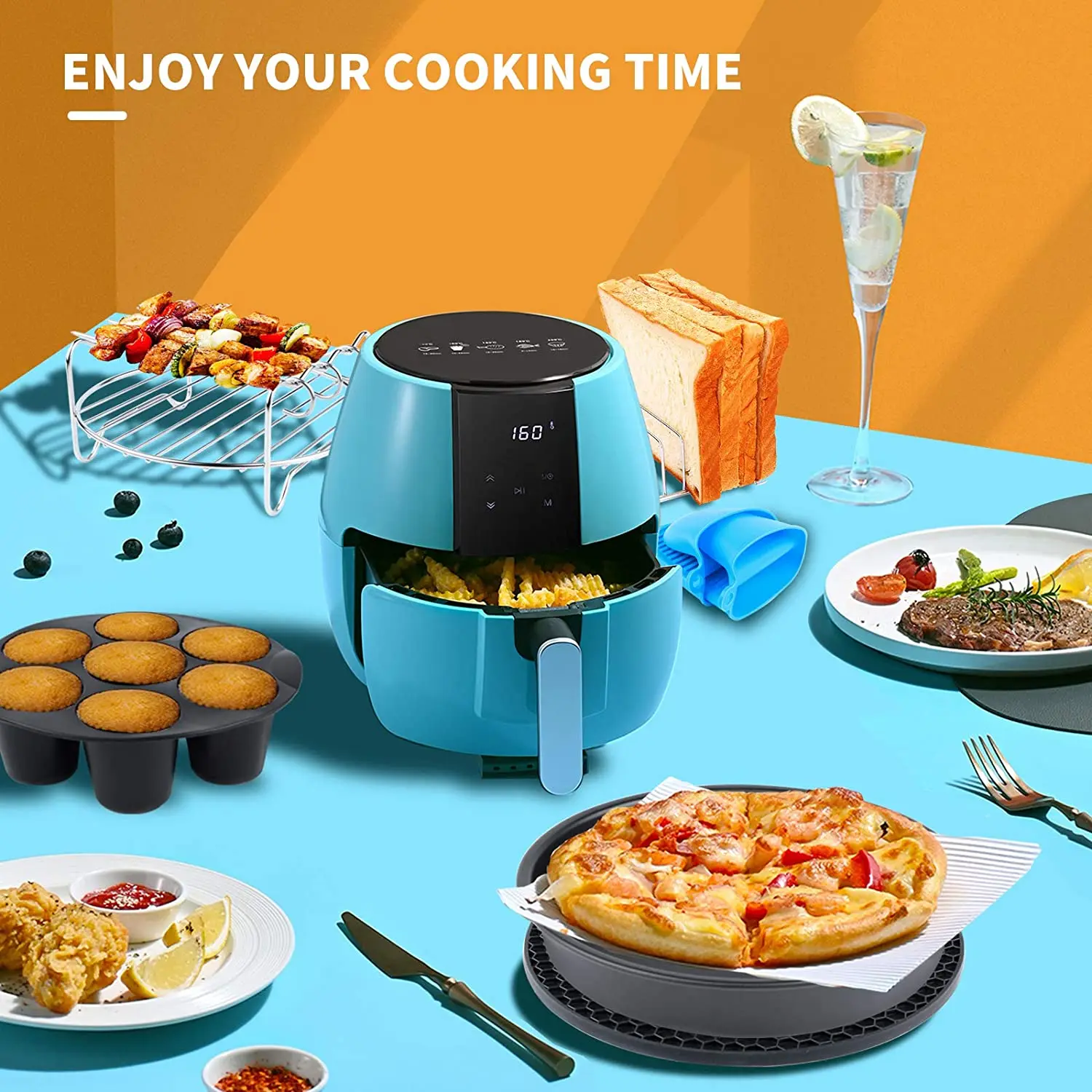 Non Stick Air Fryer Pot Pans Basket Accessories Kit 14 Piece Set 8in