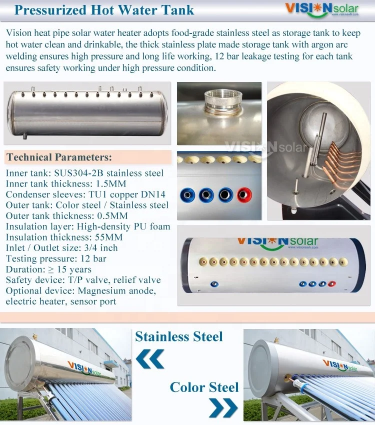 Electric Stainless Steel Frame Solar Water Heating System Gas-Powered  Evacuated Tube Pressurized Heat Pipe for Outdoor Garages