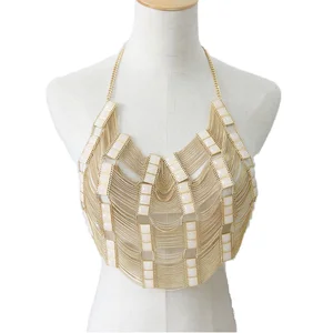 Unisex Crop Top Bikini with Brass Synthetic Stone Body Jewelry Layered Chain Bra Tops Sexy Women Wedding Party Engagement Gift