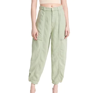 Custom Patch Wide Pocket Zipper Fly Slim Hem Women Cotton Balloon Pant