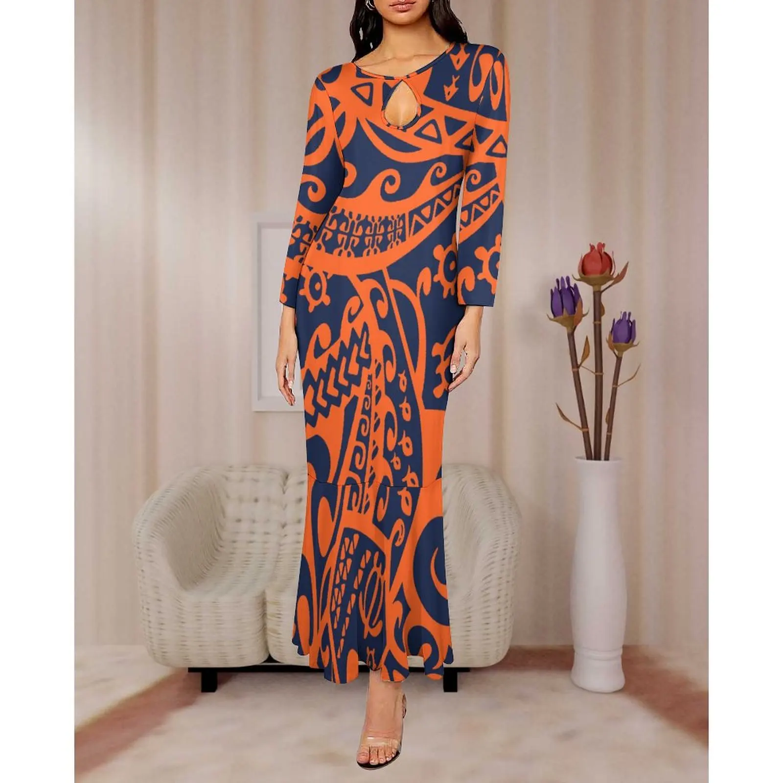 Wholesale latest brown vintage long leeve lim fit bodycon mermaid dress Polynesian hawaiian custom clothing women casual dress 2023 Polynesian Tribal Wholesale latest brown vintage long leeve lim fit bodycon mermaid dress Polynesian hawaiian custom clothing women casual dress 2023 Polynesian Tribal