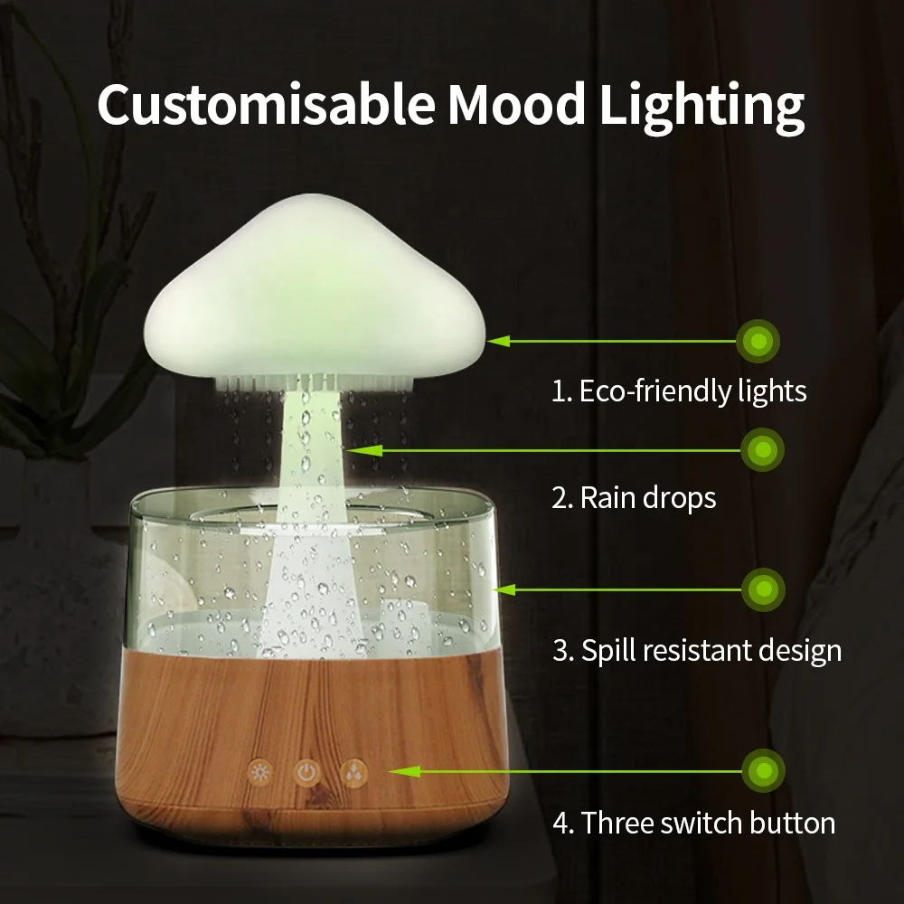 Wood Mushroom Rain Cloud Humidifier With 7 Color Led Light air Mushroom Humidifier Rain Cloud Water Drop Oil Aroma Diffuser