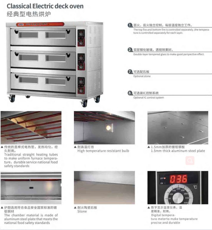 Commercial Stainless Steel Deck Oven With Steam 12tray 3 Deck Bakery