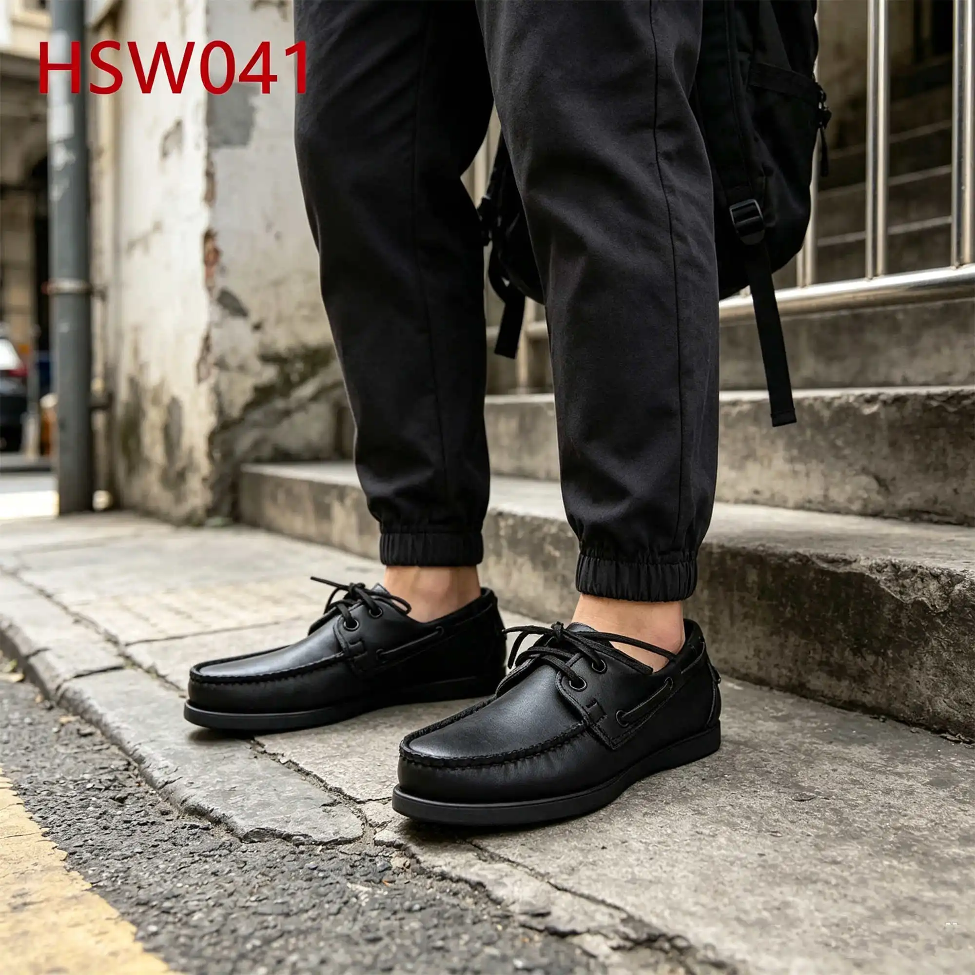 ZYF,Lace up Style Not Grind Foot Solid Black Hua Singh Boat Shoes Holiday Trip Lowest MOQ Hand Stitching Penny Shoes HSW041