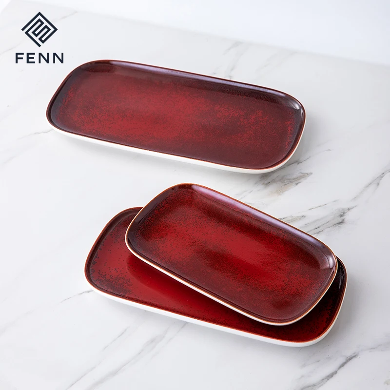 product fenn low moq reactive red serving tray platter hotel restaurant luxury ceramic appetizer salad meat serving platter-57