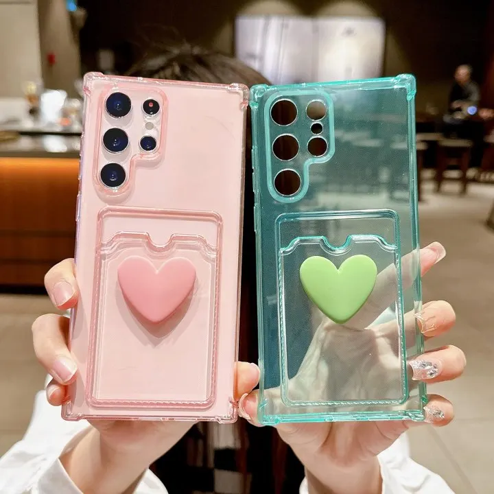 Cute 3D Love Heart Clear Wallet Case  For Samsung S23 S24 Ultra with Card Holder Design Soft Silicone Shockproof Protective