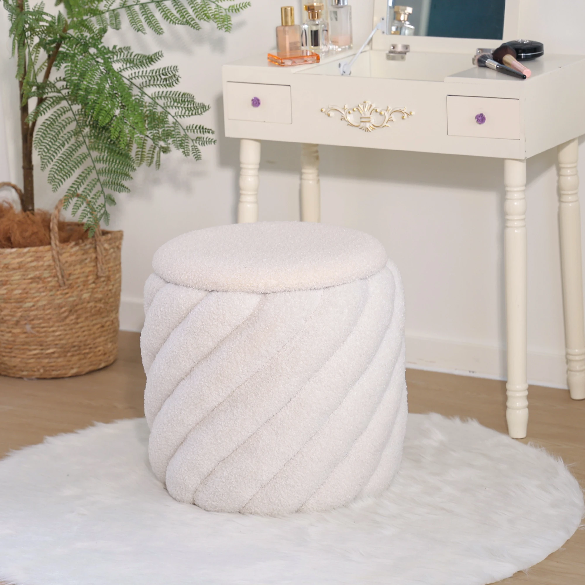 Modern Furniture Boucle Fabric Round Soft Tufted Footstool Storage Ottoman with Removable Lid