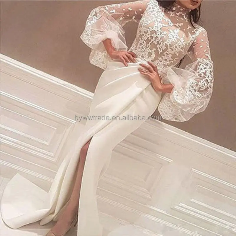 Factory wholesale white muslim evening mermaid long dresshigh collar embroidered pattern