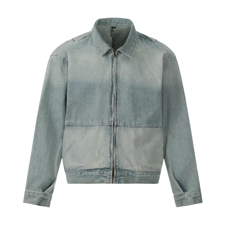 Gradient Patchwork Washed Medium Hole Nylon/Cotton Vintage Short Denim Jacket Retro Simple Loose Casual Trendy Brand Men's Style