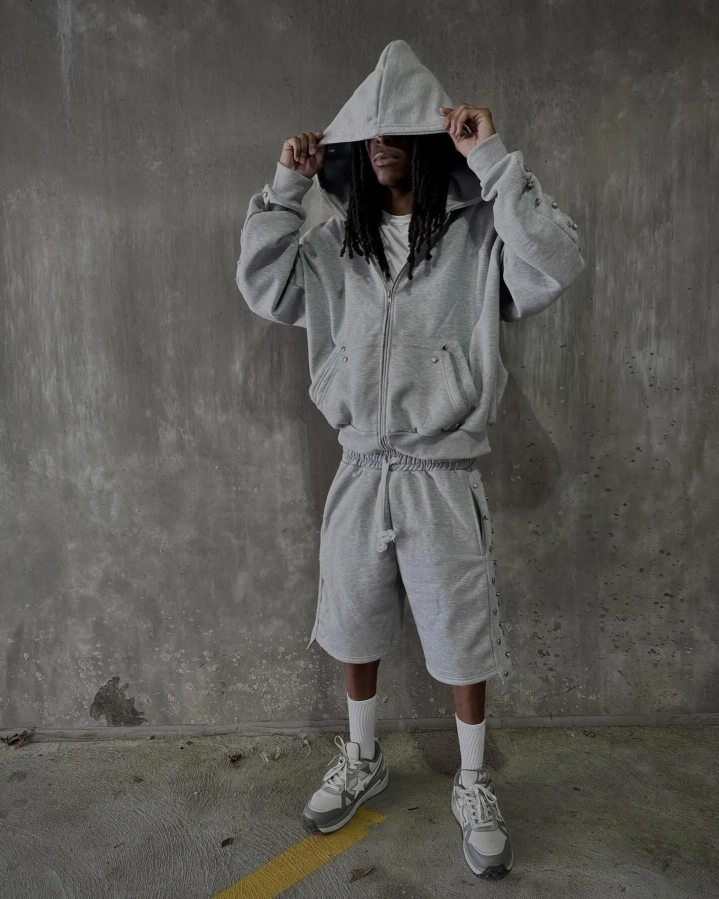 Wholesale Custom Heavyweight Cotton French Terry Vintage Stone Acid Wash Cropped Boxy Zip up Hoodie and Sweat Shorts Set gallery 2