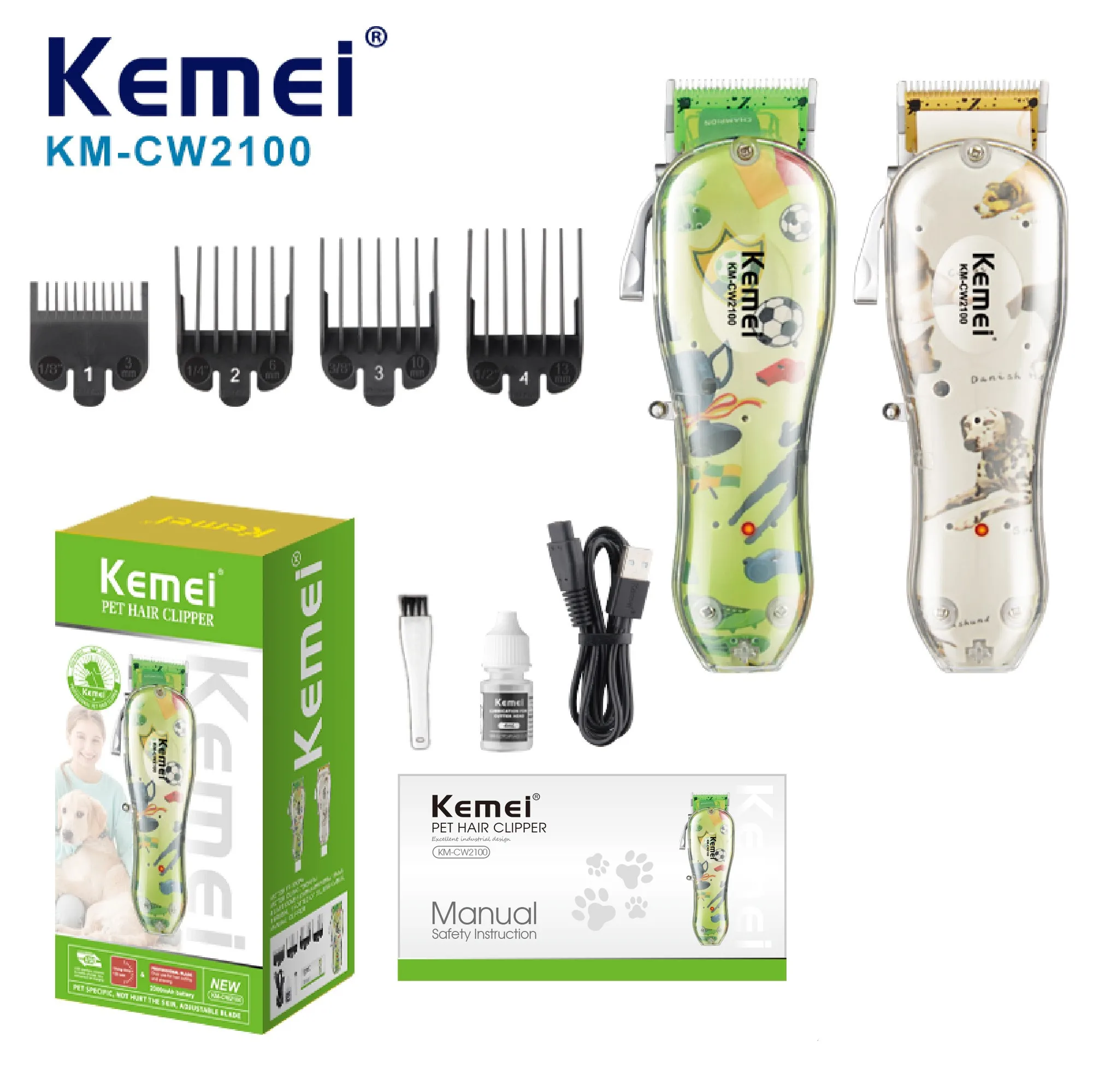 ماكينة قص شعر الحيوانات الأليفة Kemei KM-CW2100 القابلة لإعادة الشحن بمنفذ USB وأربع سرعات قابلة للتعديل ومقص كهربائي للكلاب والقطط والحيوانات الأليفة