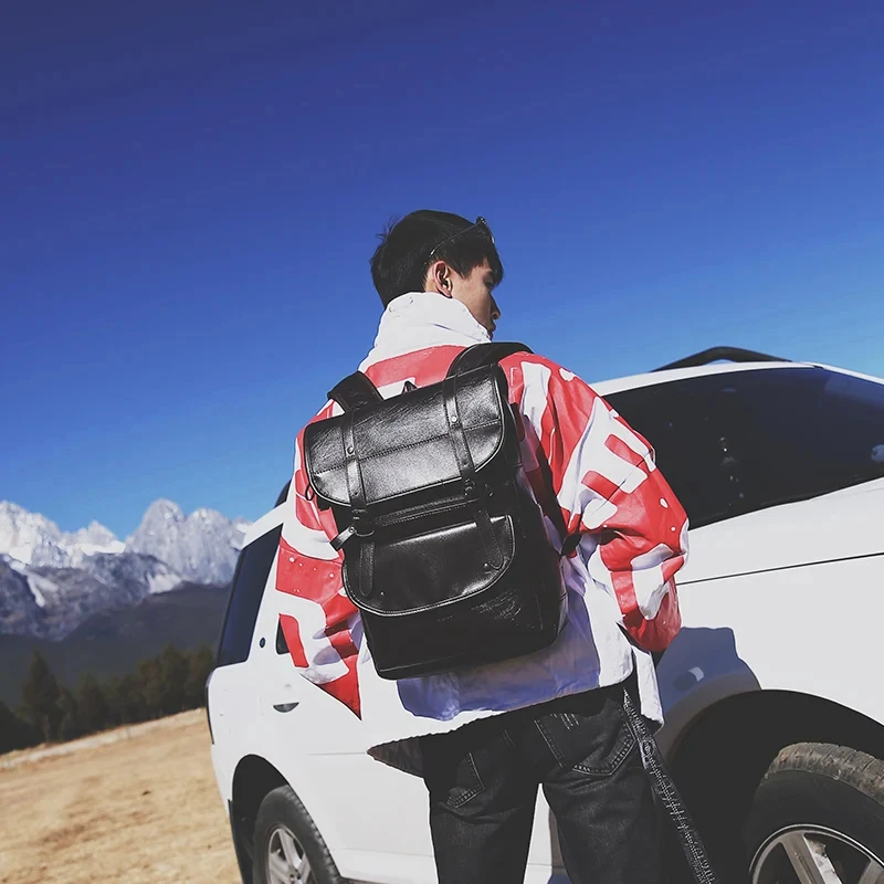 16.5-Inch Fashion PU Leather Laptop Backpack Men Retro Schoolbag Large Capacity Books Waterproof Mochilas Patchwork Teenagers