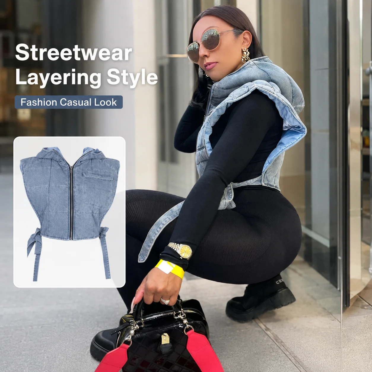 New Arrival Fashion Denim Clip Cotton Wash Hooded Sleeveless Cargo Short Vest Casual Woman  Denim Vest